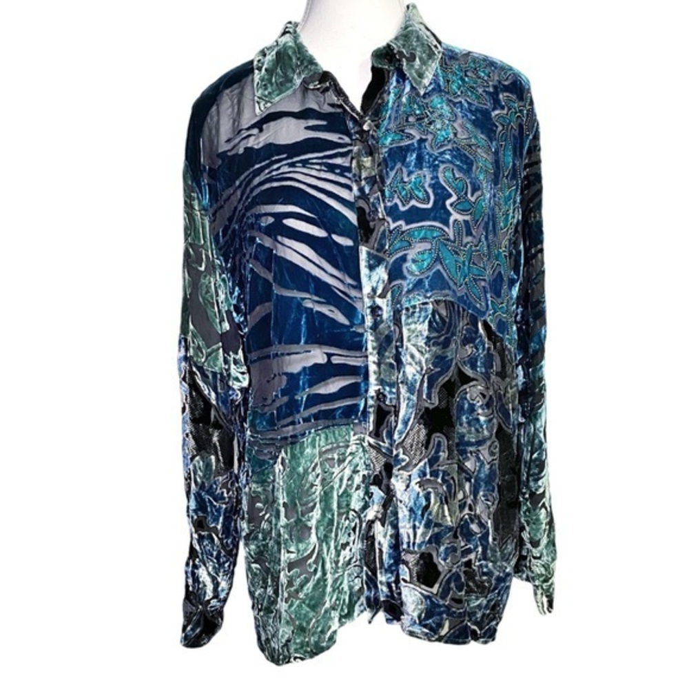 Chico's Blue and Green Patchwork Velvet Button Down Long Sleeve Shirt